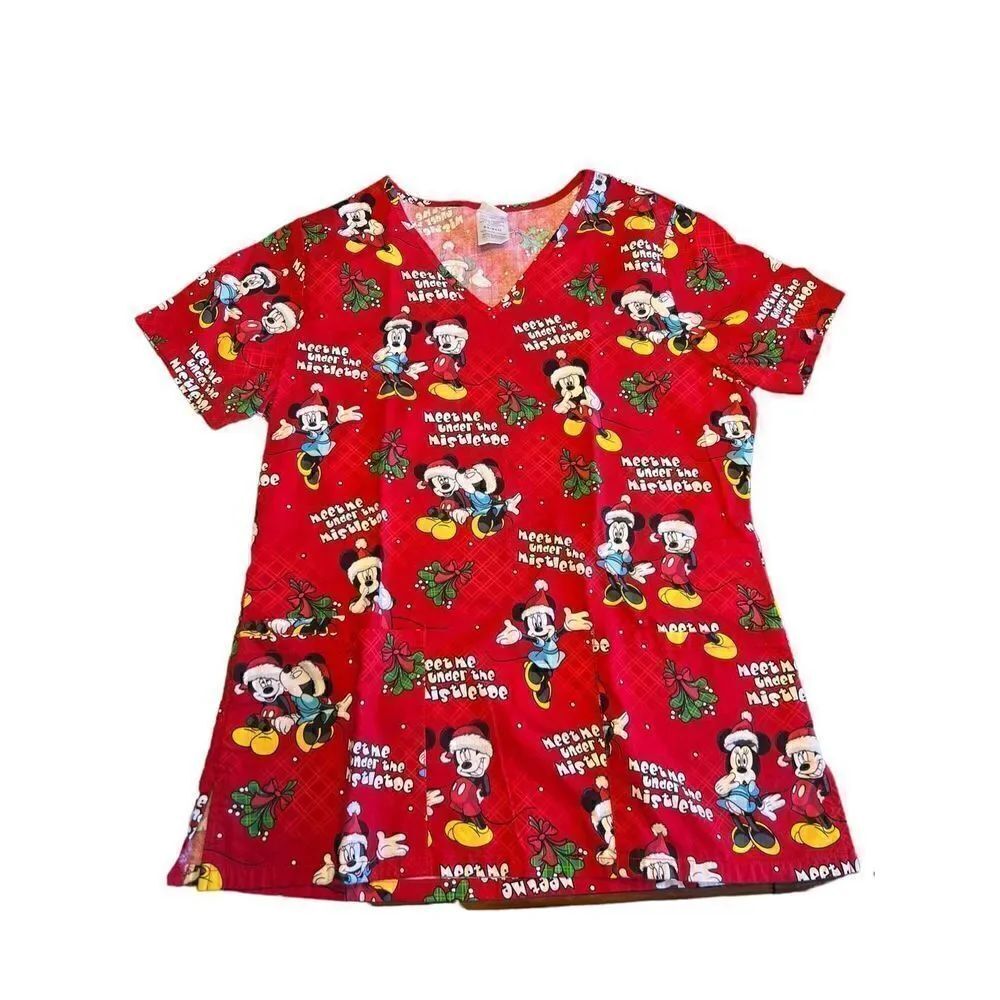 Disney Mickey Minnie Mouse Meet Me Under Mistletoe Christmas Scrub Top XS red